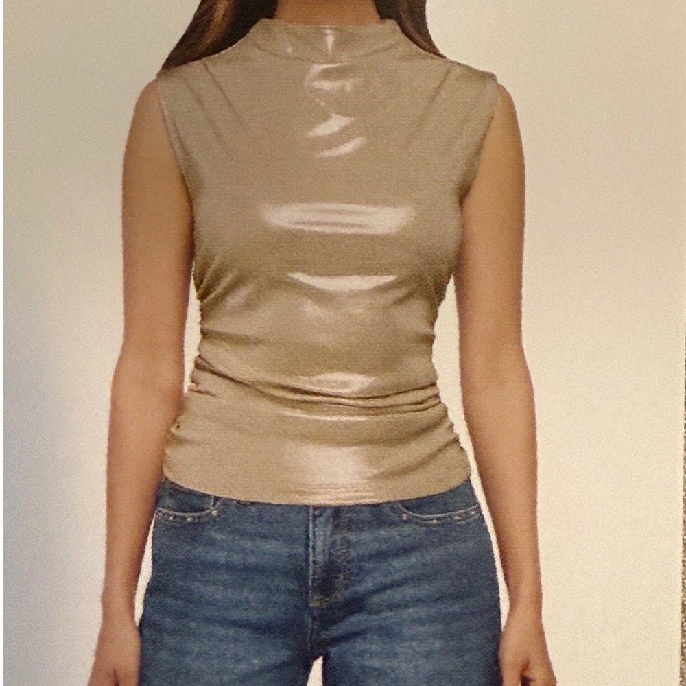 Express Mock Neck Tank Women Small Gold NWT Metallic Draped Sleeveless Top